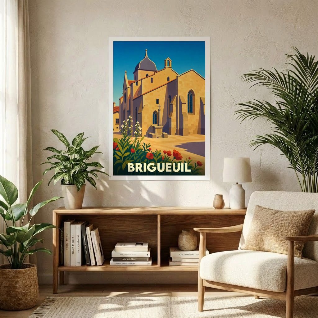 Affiche souvenir de la ville de Brigueuil présentant une illustration stylisée de son église sous un ciel bleu.