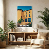 Affiche souvenir de la ville de Brindas avec une illustration stylisée d'une bâtisse ensoleillée.