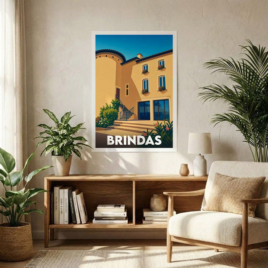 Affiche souvenir de la ville de Brindas avec une illustration stylisée d'une bâtisse ensoleillée.
