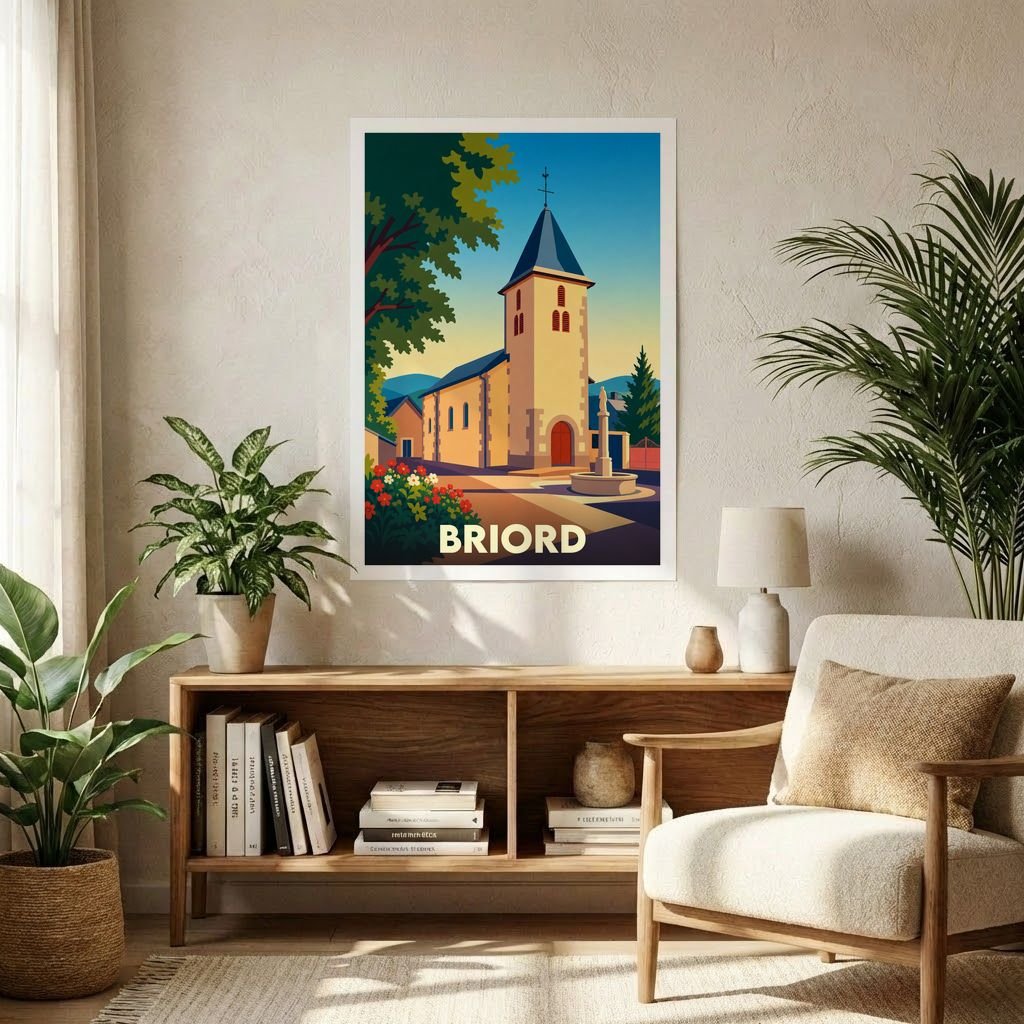 Affiche souvenir de la ville de Briord illustrant son église dans un style graphique épuré et coloré.