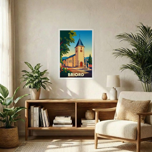 Affiche souvenir de la ville de Briord présentant une illustration stylisée de son église sous un ciel azur.