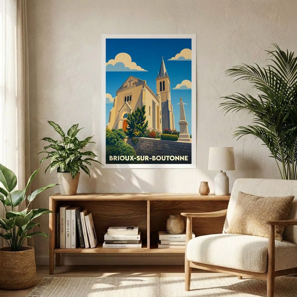 Affiche souvenir de la ville de Brioux-sur-Boutonne avec une illustration stylisée de son église sous un ciel bleu.