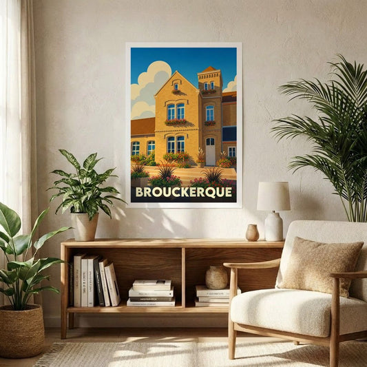 Affiche souvenir de la ville de Brouckerque avec une illustration stylisée d'un bâtiment typique.