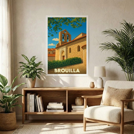 Affiche souvenir de la ville de Brouilla représentant son église sous un ciel bleu ensoleillé.
