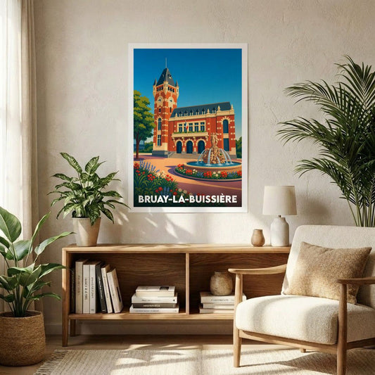 Affiche souvenir de la ville de Bruay-la-Buissière avec une illustration stylisée de son hôtel de ville et d'une fontaine.