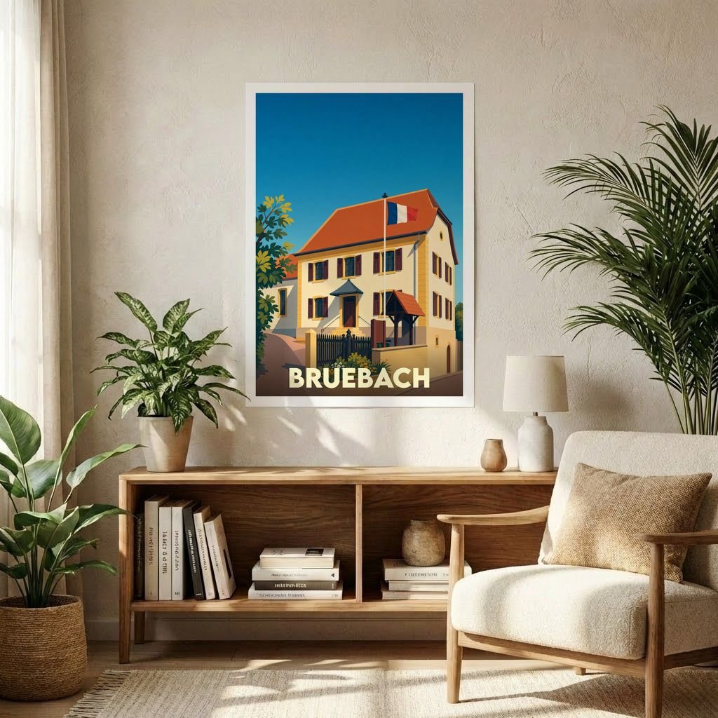 Affiche souvenir de la ville de Bruebach avec une illustration stylisée d'un bâtiment typique.