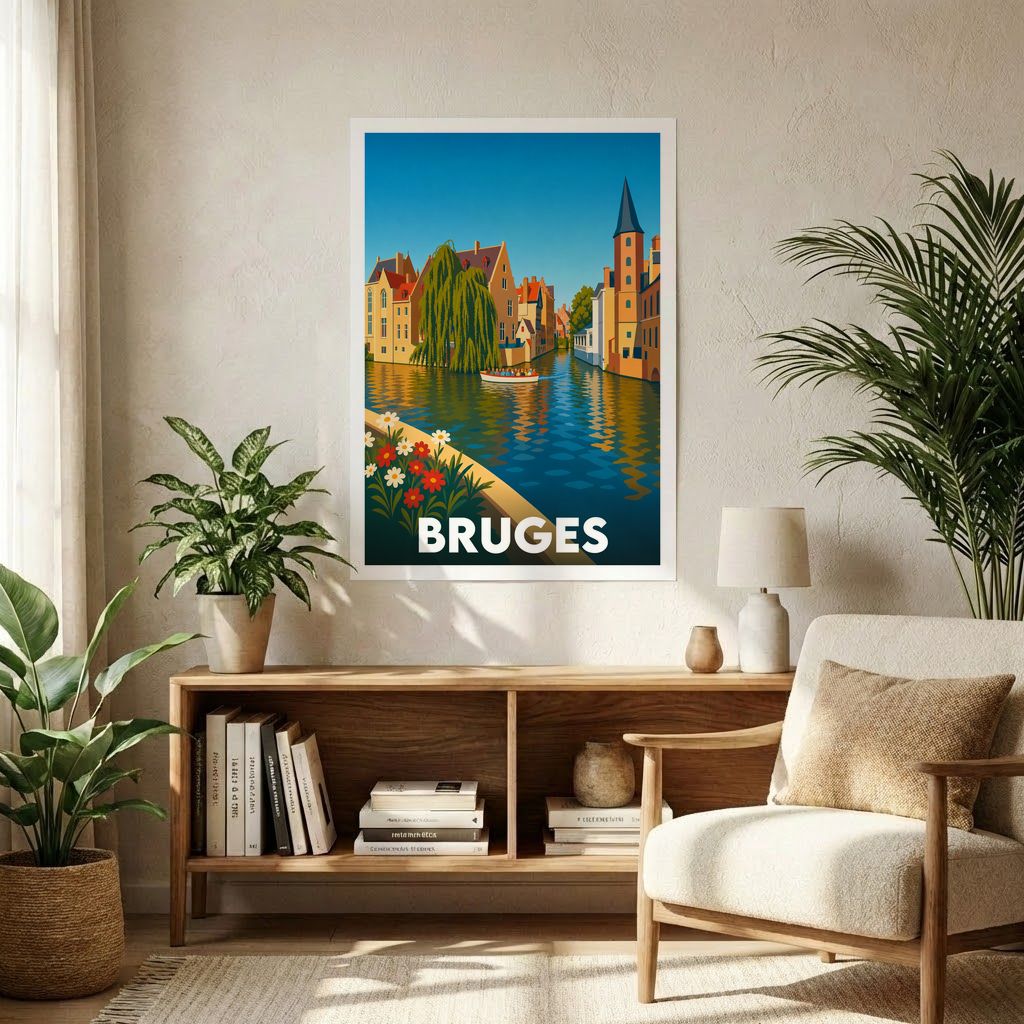 Affiche souvenir de la ville de Bruges présentant une illustration graphique colorée de ses canaux et de son architecture typique.