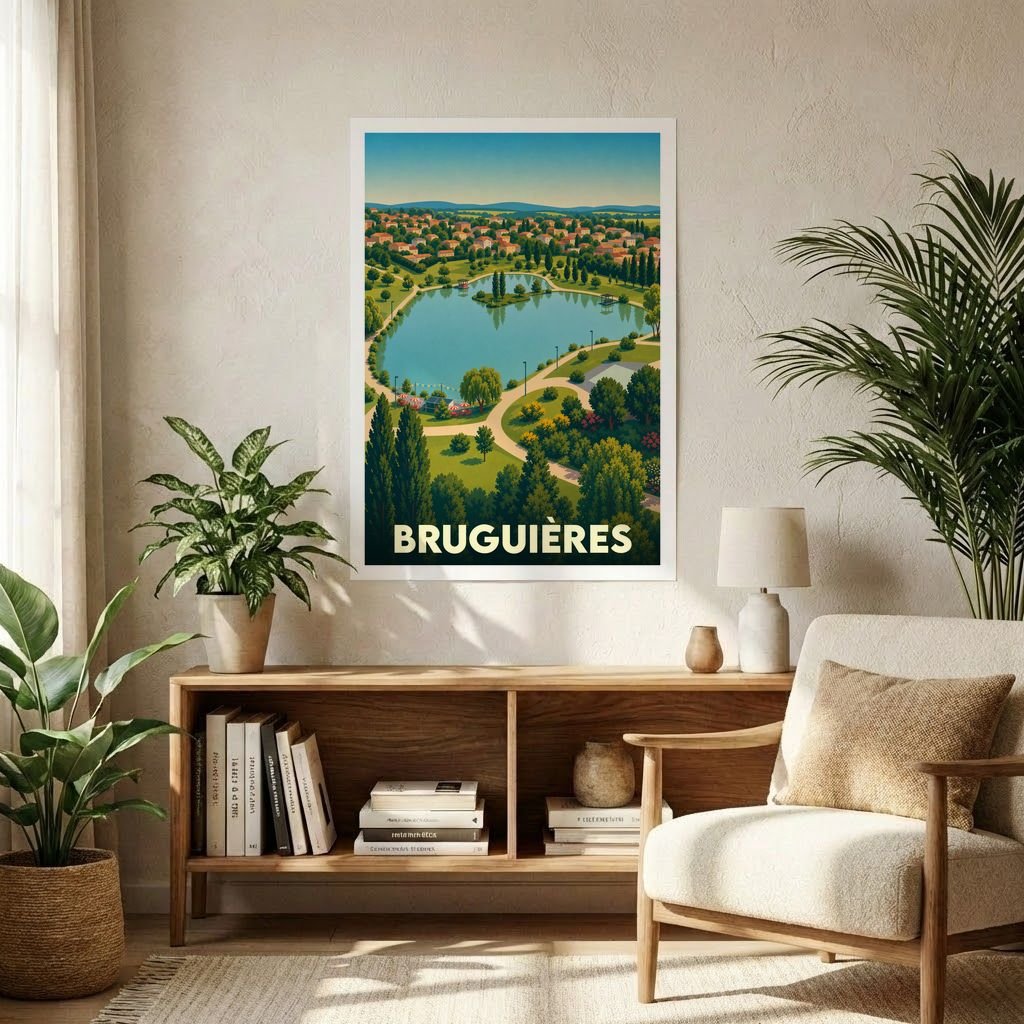 Affiche souvenir de la ville de Bruguières avec une illustration stylisée de son lac et de son parc.