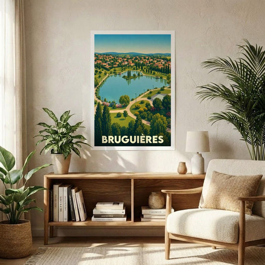 Affiche souvenir de la ville de Bruguières avec une illustration stylisée de son lac et de son parc.