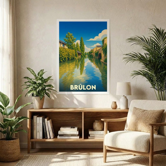 Affiche souvenir de la ville de Brûlon illustrant un canal paisible bordé de végétation dans un style vintage.