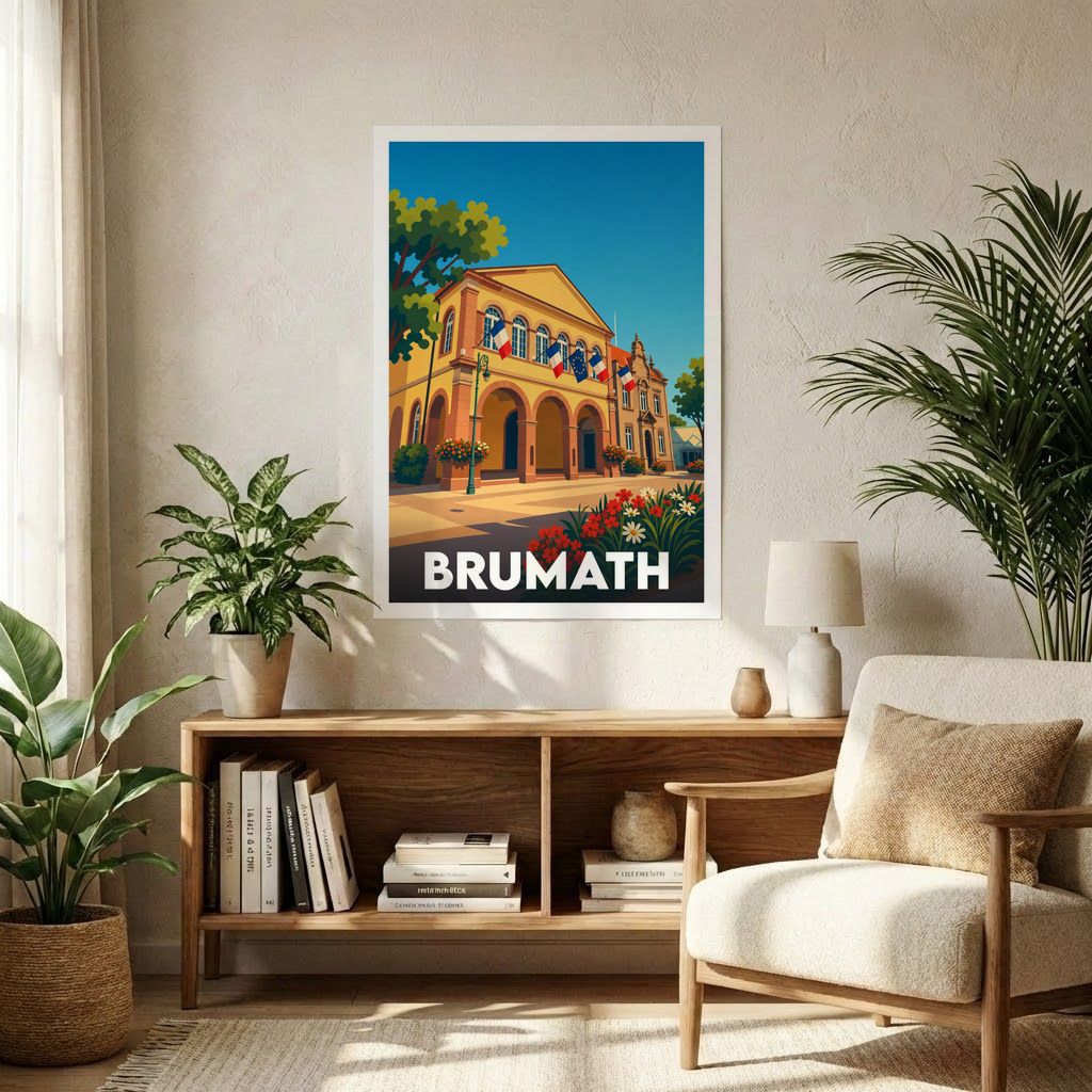 Affiche souvenir de la ville de Brumath avec une illustration stylisée et colorée de son architecture.