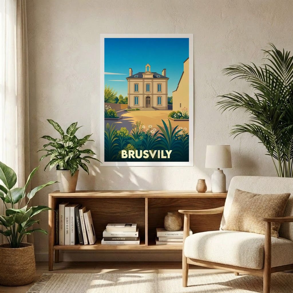 Affiche souvenir de la ville de Brusvily avec une illustration stylisée d'un manoir entouré de végétation.