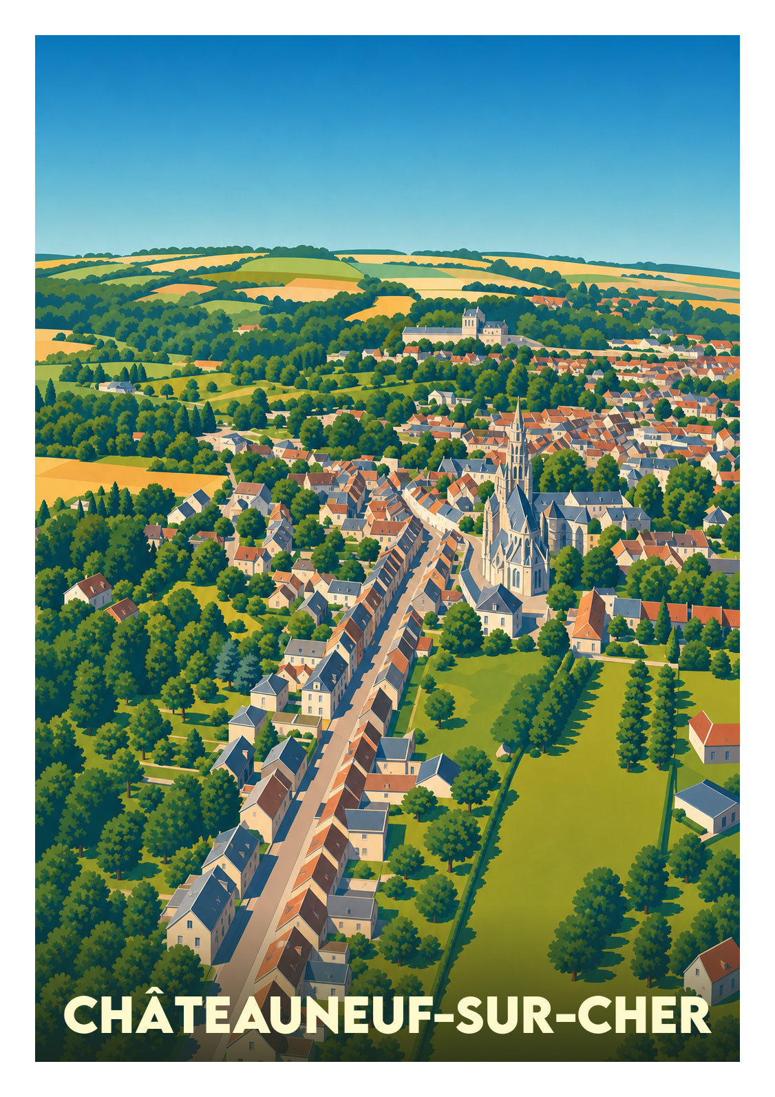 Affiche souvenir de Châteauneuf-sur-Cher – image brute sans cadre