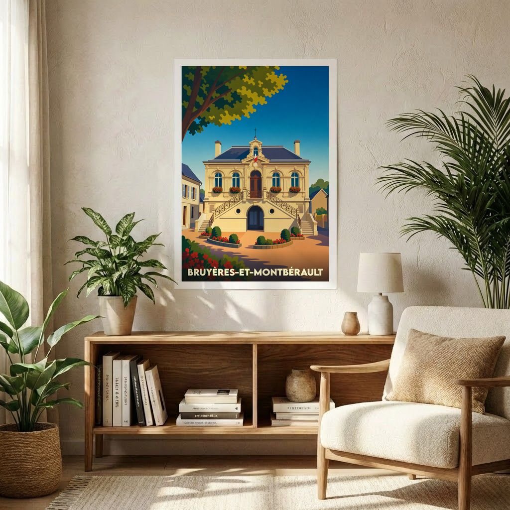 Affiche souvenir de la ville de Bruyères-et-Montbérault illustrant sa mairie dans un style rétro et coloré.
