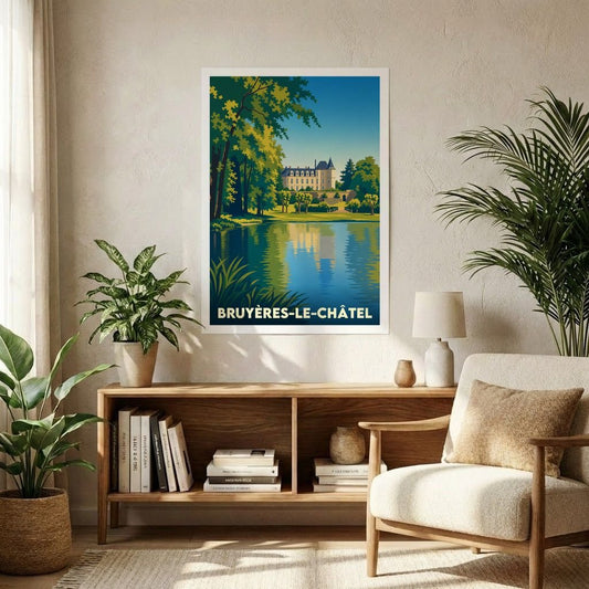 Affiche souvenir de la ville de Bruyères-le-Châtel avec une illustration stylisée d'un château au bord de l'eau.