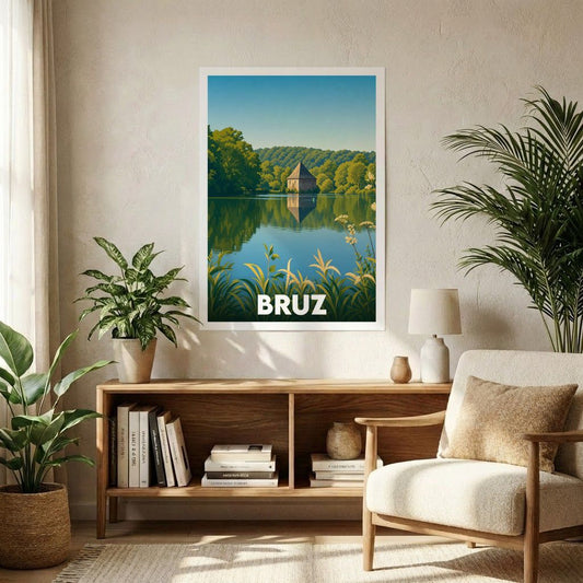 Affiche souvenir de la ville de Bruz représentant une illustration stylisée d'un bâtiment au bord de l'eau.