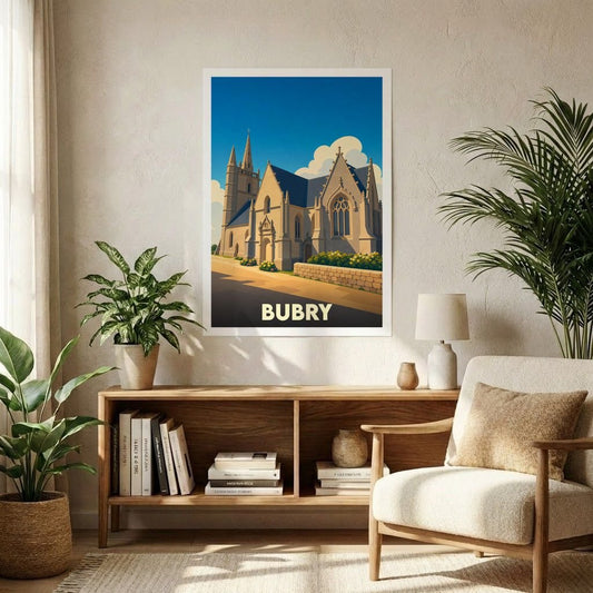 Affiche souvenir de la ville de Bubry avec une illustration stylisée de son église sous un ciel bleu.