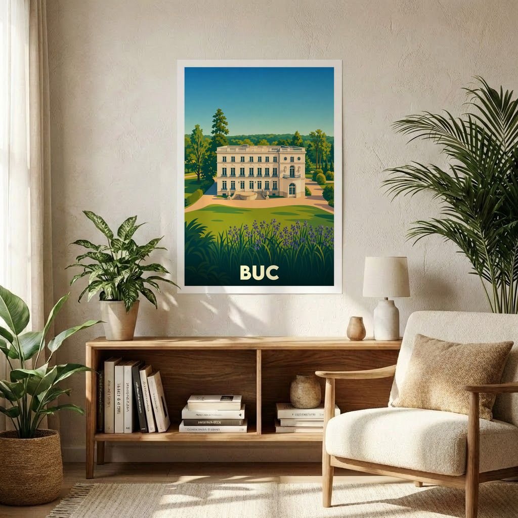 Affiche souvenir de la ville de Buc présentant une illustration stylisée de son château dans un cadre verdoyant.