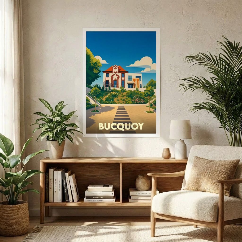 Affiche souvenir de la ville de Bucquoy avec une illustration stylisée et colorée de son architecture.