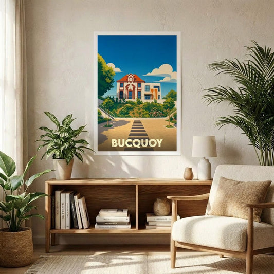 Affiche souvenir de la ville de Bucquoy avec une illustration stylisée et colorée de son architecture.