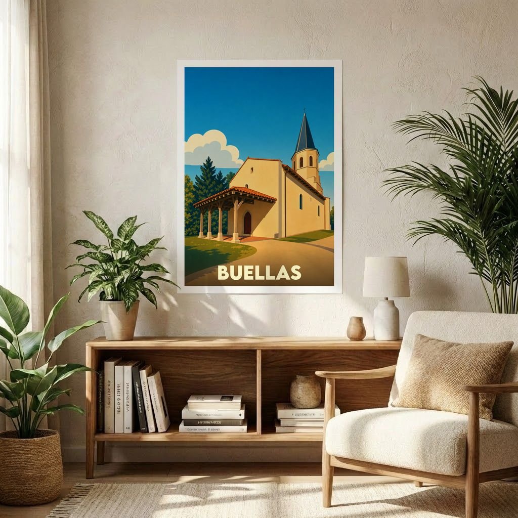 Affiche souvenir de la ville de Buellas représentant son église dans un style graphique épuré.