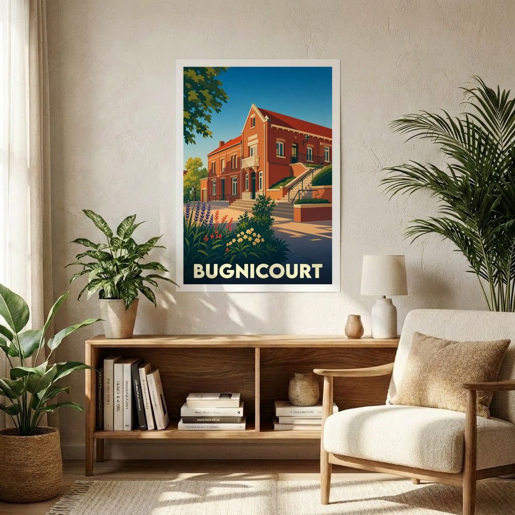 Affiche souvenir de la ville de Bugnicourt avec une illustration stylisée d'un bâtiment en briques.