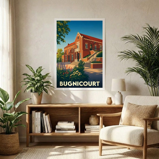 Affiche souvenir de la ville de Bugnicourt avec une illustration stylisée d'un bâtiment en briques.