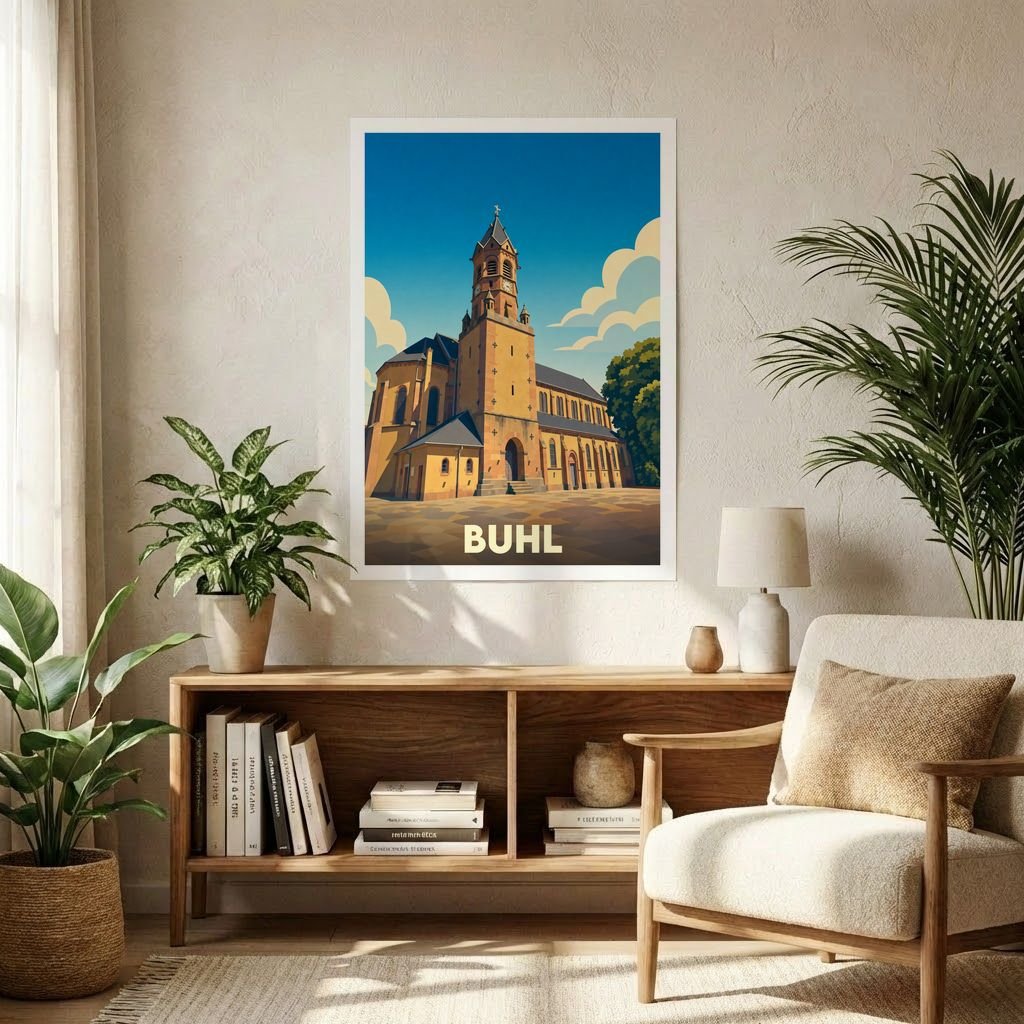 Affiche souvenir de la ville de Buhl représentant son église dans un style graphique épuré.