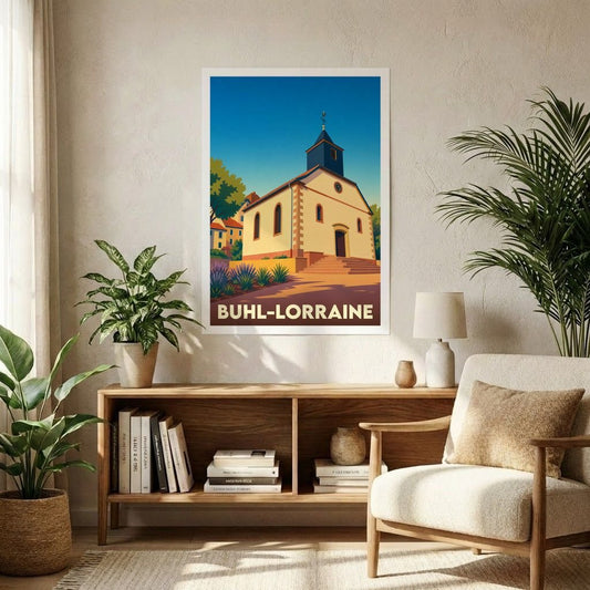 Affiche souvenir de la ville de Buhl-Lorraine illustrant son église dans un style graphique épuré.