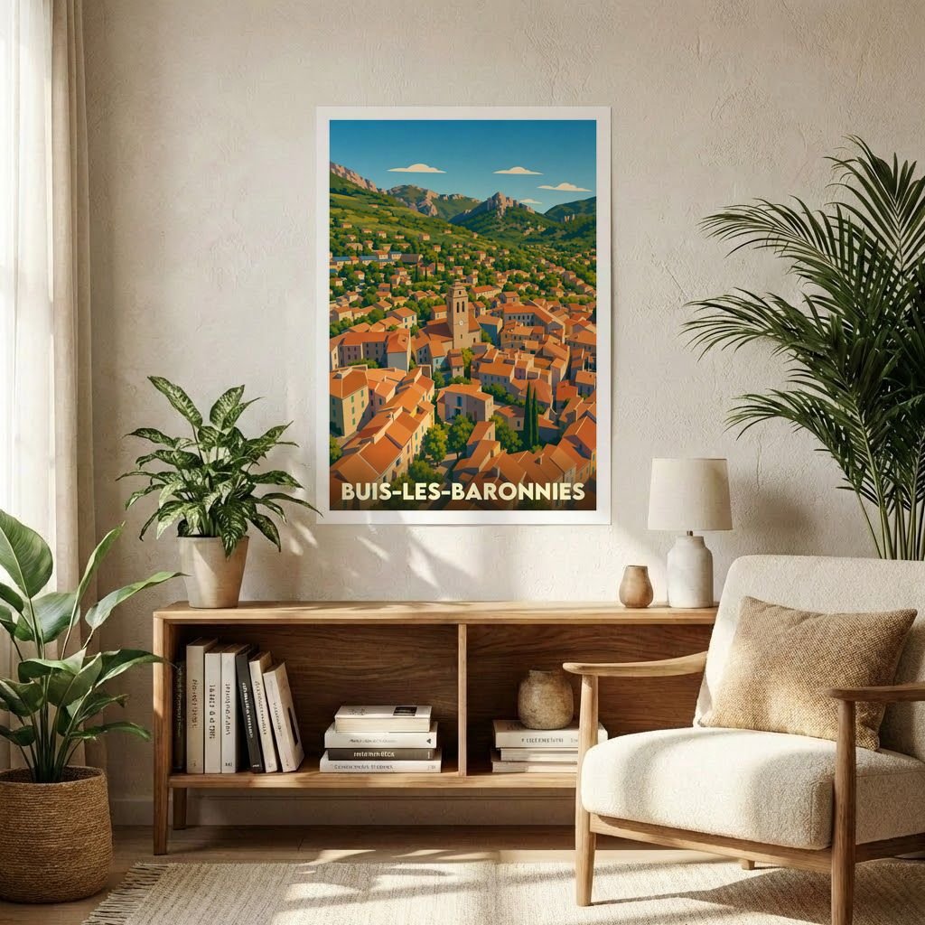 Affiche souvenir de la ville de Buis-les-Baronnies avec une illustration stylisée et colorée de ses paysages provençaux.
