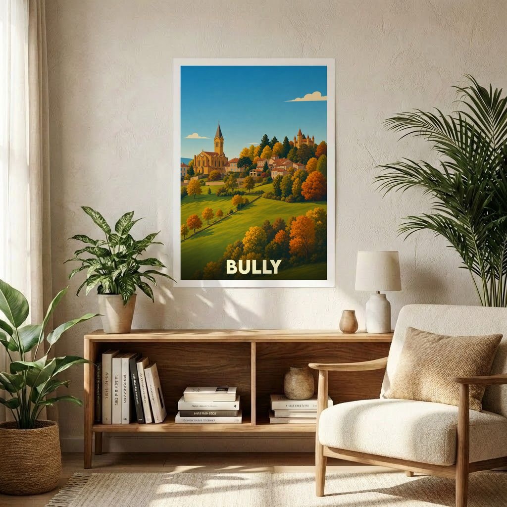Affiche souvenir de la ville de Bully illustrant un paysage de campagne vallonné avec ses bâtiments historiques.