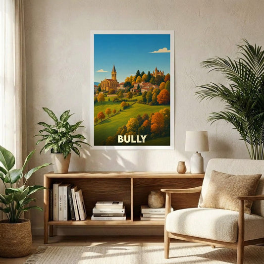 Affiche souvenir de la ville de Bully illustrant un paysage de campagne vallonné avec ses bâtiments historiques.