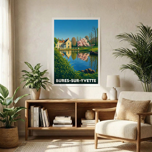 Affiche souvenir de la ville de Bures-sur-Yvette avec une illustration stylisée d'une maison au bord de l'eau.