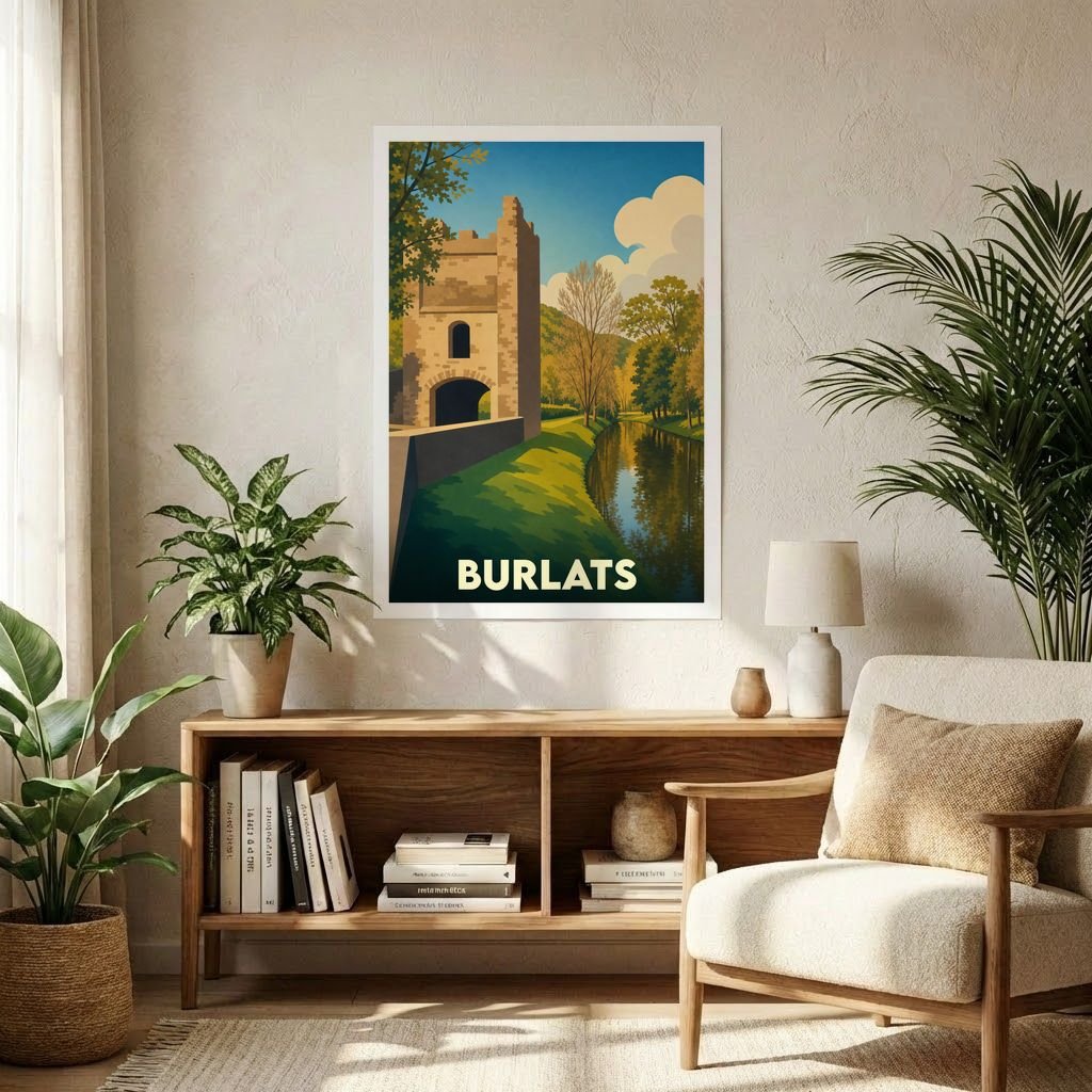 Affiche souvenir de la ville de Burlats illustrant son patrimoine historique au bord de l'eau dans un style vintage.