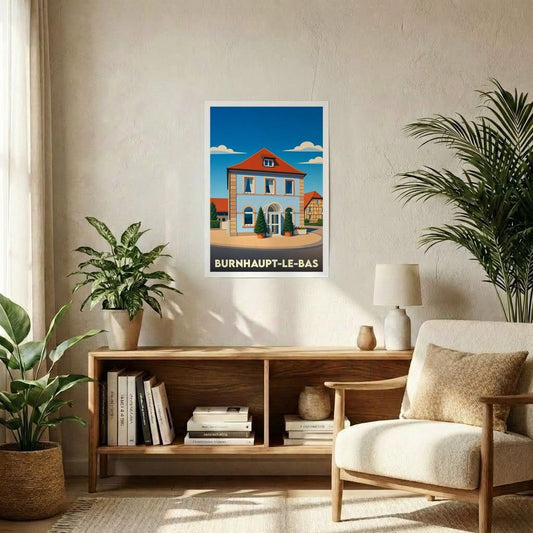 Affiche souvenir de la ville de Burnhaupt-le-Bas avec une illustration stylisée.