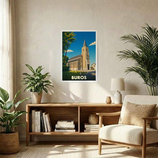 Affiche souvenir de la ville de Buros avec une illustration stylisée de son église sous un ciel bleu.