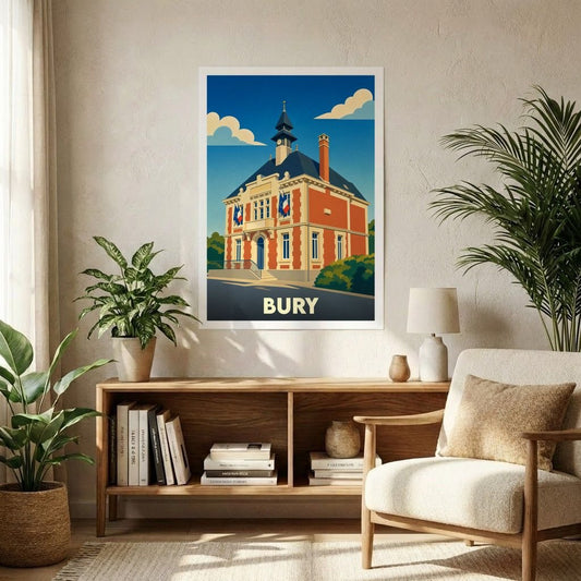 Affiche souvenir de la ville de Bury présentant une illustration stylisée de son hôtel de ville.