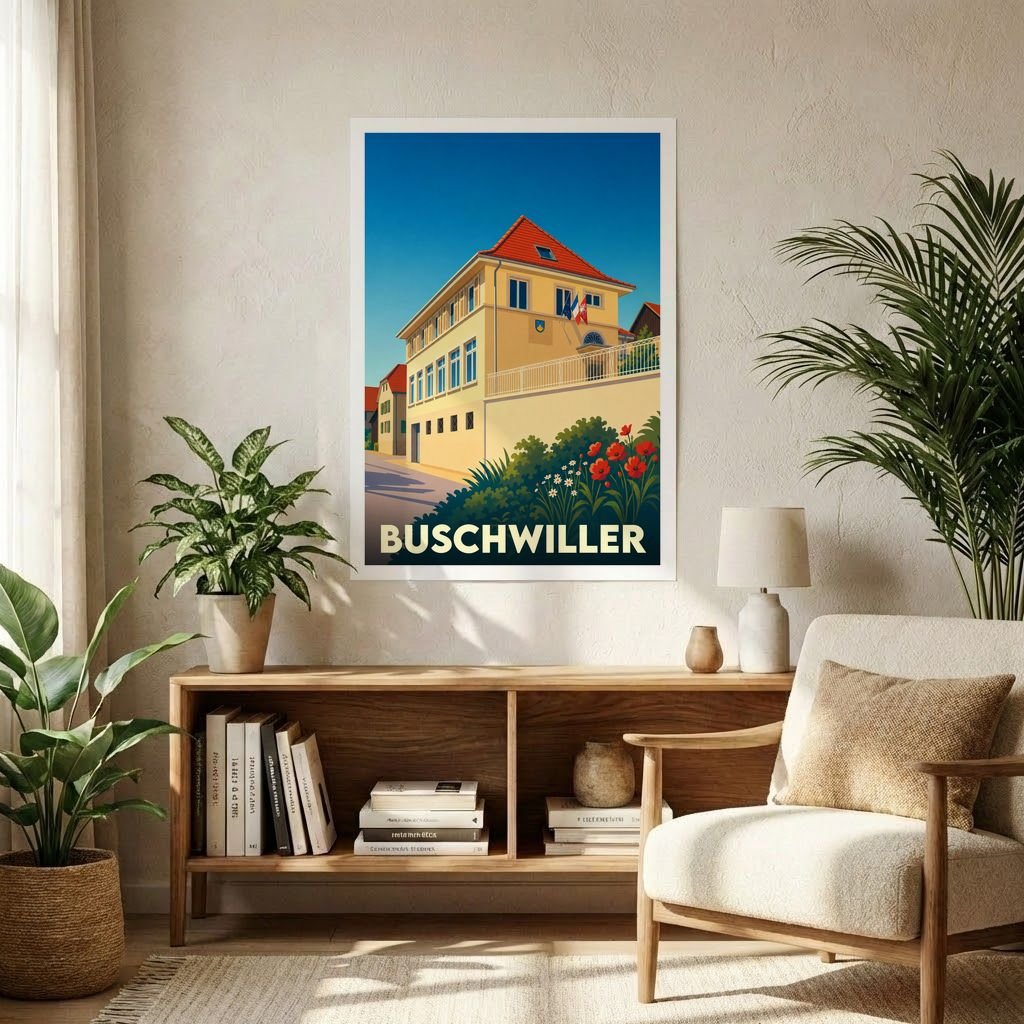 Affiche souvenir de la ville de Buschwiller avec une illustration stylisée et colorée de son architecture.