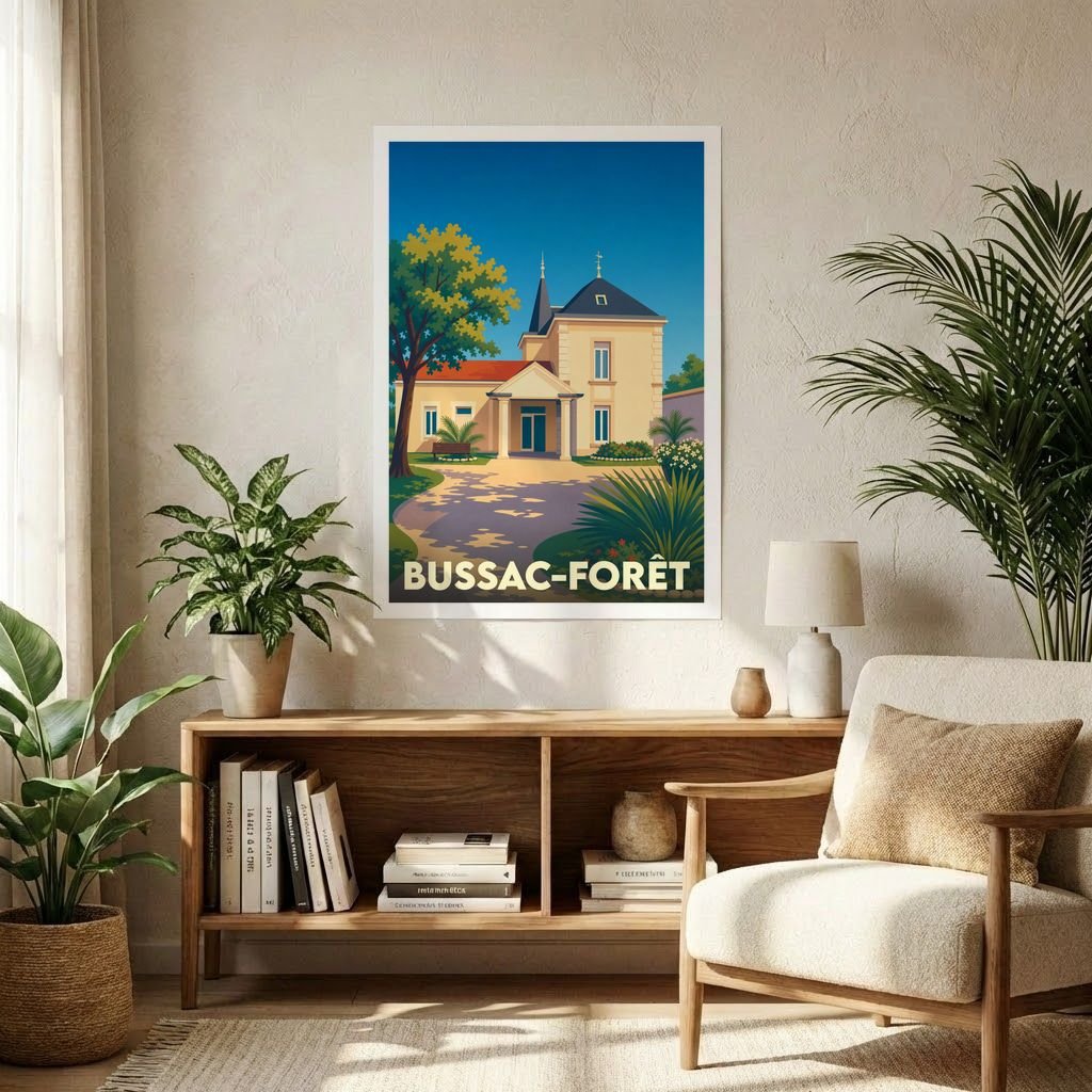 Affiche souvenir de la ville de Bussac-Forêt avec une illustration stylisée d'une demeure traditionnelle.
