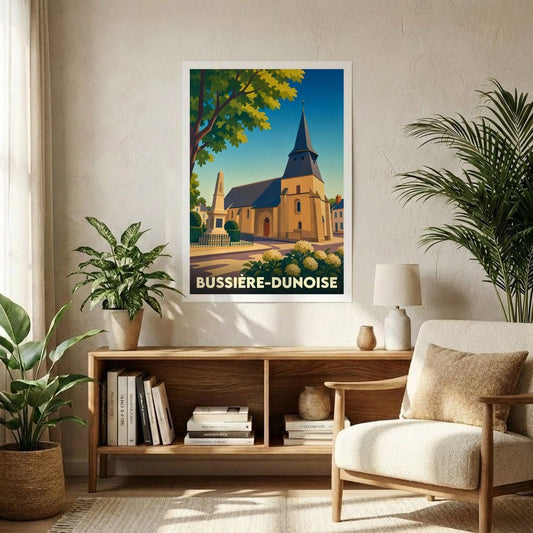 Affiche souvenir de la ville de Bussière-Dunoise avec une illustration stylisée de son église et de son monument.
