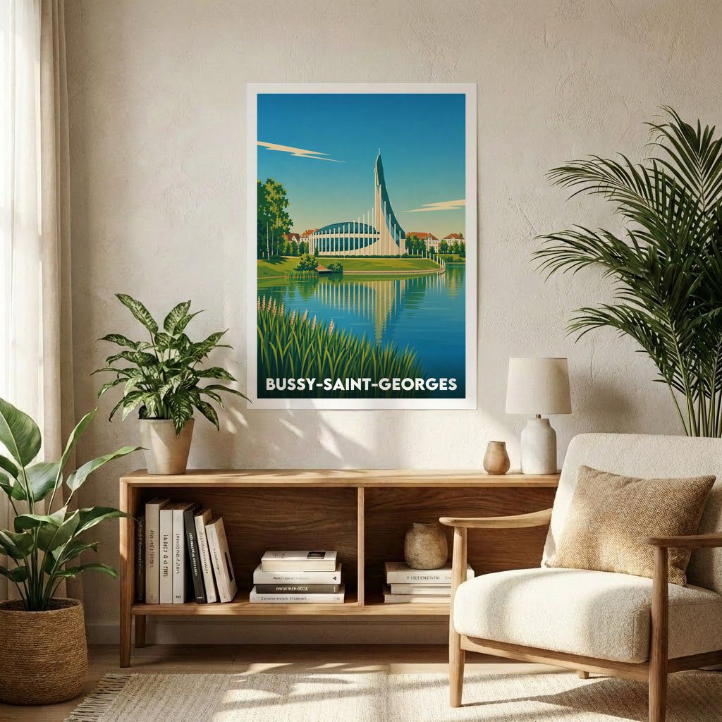 Affiche souvenir de la ville de Bussy-Saint-Georges avec une illustration stylisée d'un monument moderne au bord de l'eau.