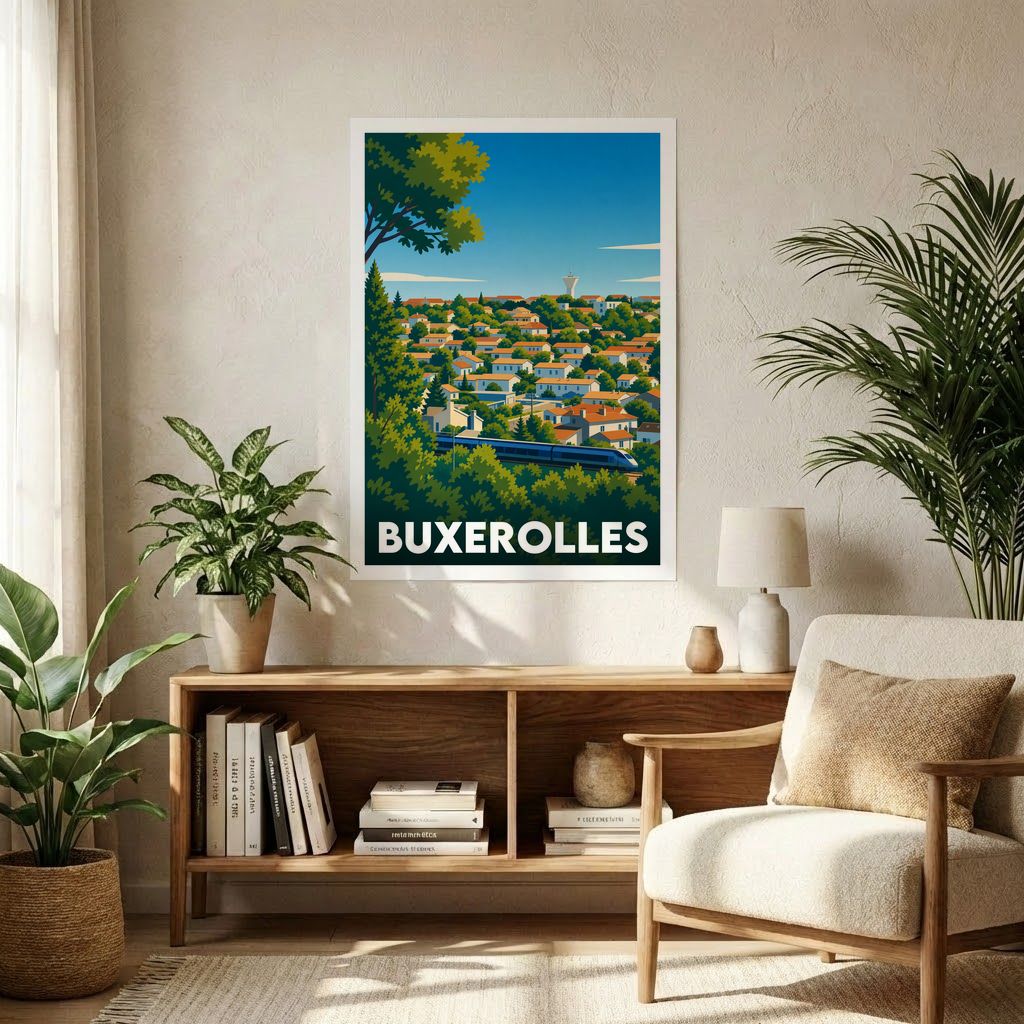 Affiche souvenir de la ville de Buxerolles avec une illustration stylisée.
