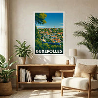 Affiche souvenir de la ville de Buxerolles avec une illustration stylisée.