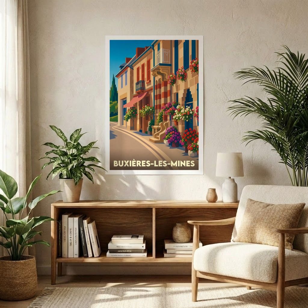 Affiche souvenir de la ville de Buxières-les-Mines avec une illustration stylisée d'une rue fleurie.