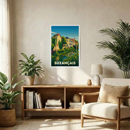 Affiche souvenir de la ville de Buzançais avec une illustration stylisée d'un paysage urbain au bord de l'eau.