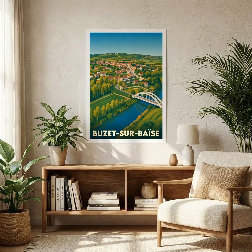 Affiche souvenir de la ville de Buzet-sur-Baïse avec une illustration stylisée de son paysage et de son pont.