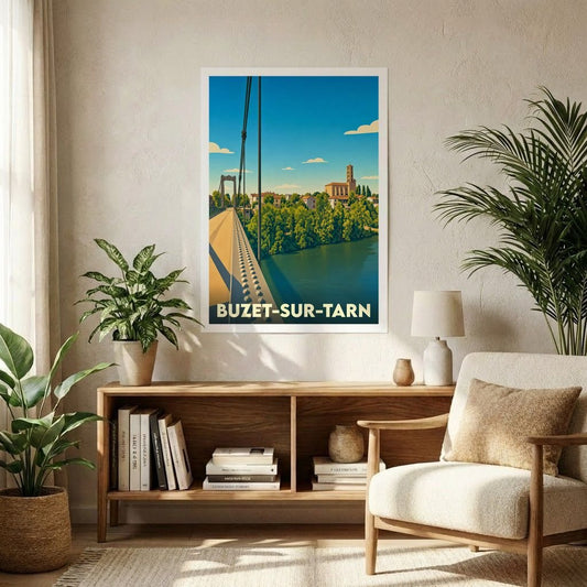 Affiche souvenir de la ville de Buzet-sur-Tarn illustrant son pont suspendu et son église dans un style graphique vintage.