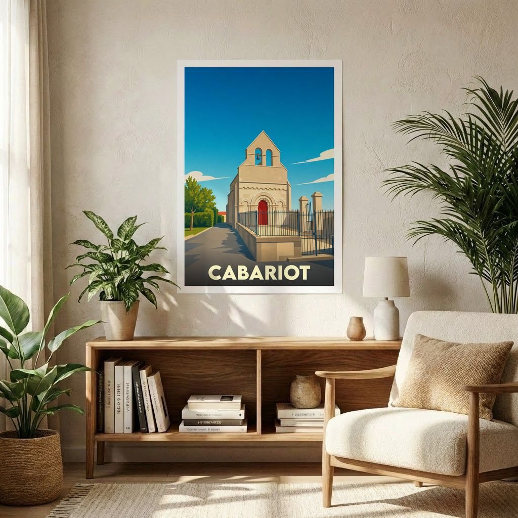 Affiche souvenir de la ville de Cabariot illustrant son église dans un style graphique épuré.