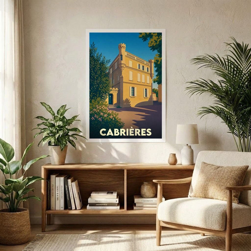 Affiche souvenir de la ville de Cabrières avec une illustration stylisée d'un bâtiment provençal sous un ciel bleu.