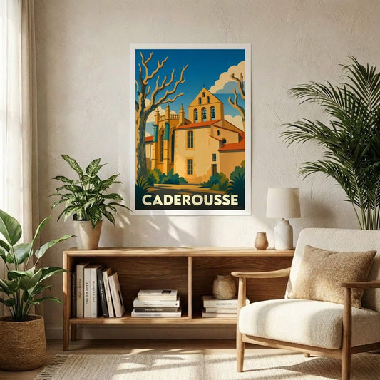 Affiche souvenir de la ville de Caderousse avec une illustration stylisée de son église et de son architecture provençale.